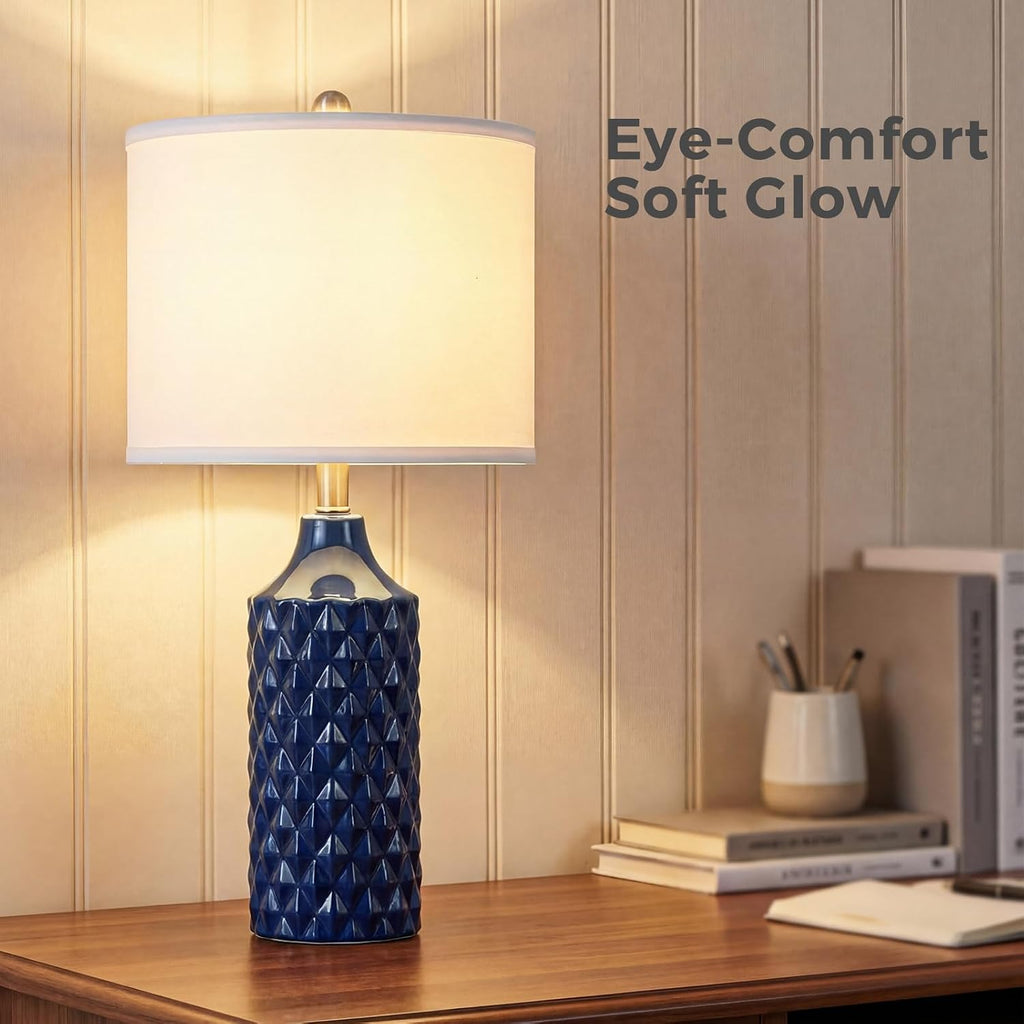 Qingmiao Modern Ceramic Table Lamp, Set of 2 - Navy Blue with Diamond Protrusions Texture, 25'' Nightstand Lamp for Bedroom Living Room, 3-Way Dimmable Included