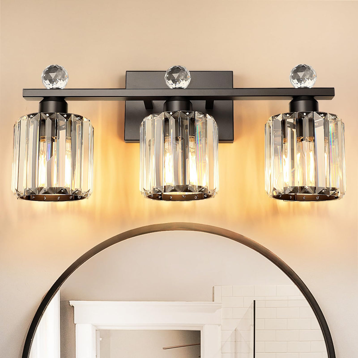 3-Light Gold Bathroom Light Fixtures,Modern Bathroom Vanity Lights Fixture with Clear Crystal Glass Shade, Modern Crystal 3 Lights Wall Sconce for Mirror Bedroom Living Room
