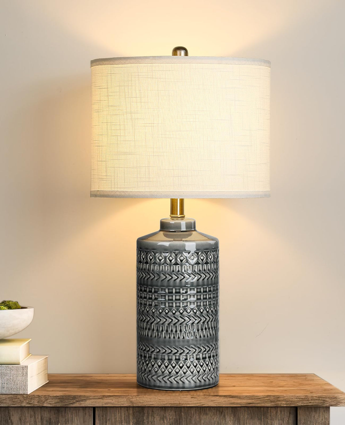 JUNNAI 24.5" White Ceramic Table Lamp 3-Way Dimmable Nightstand with White Linen Shade Bedside Lamp for Bedrooms & Living Room Office Reading(Bulb Included)