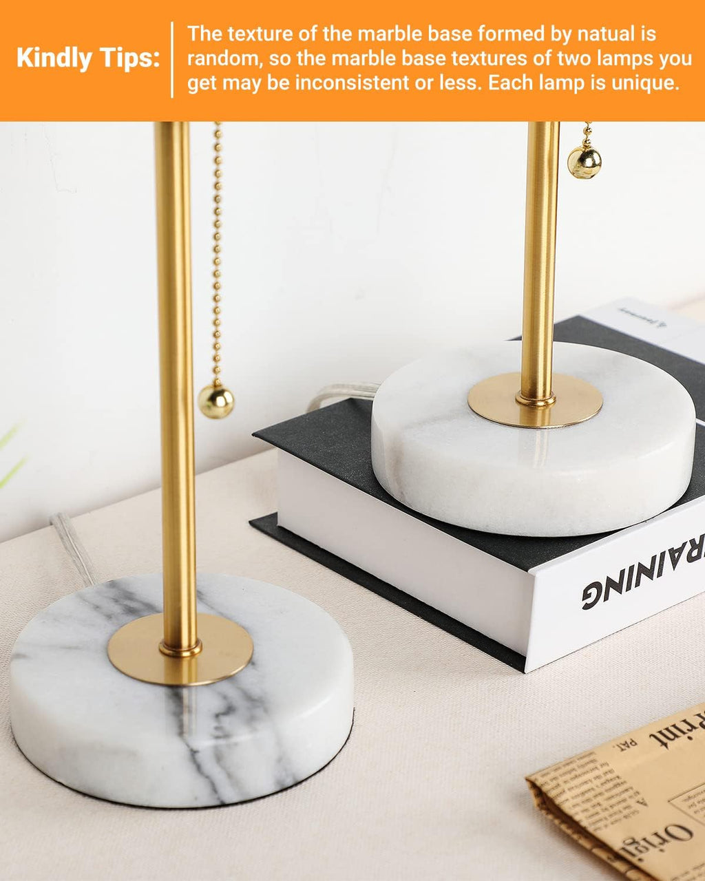 JUNNAI 18.5" Desk Lamp & Table Lamp Set of 2, Skinny Bedside Lamp with Marble Base, Pull Chain Switch, 3-Way Dimmable, Linen Fabric Shade, Small Nightstand Lamps for Living Room, Bedroom, Reading