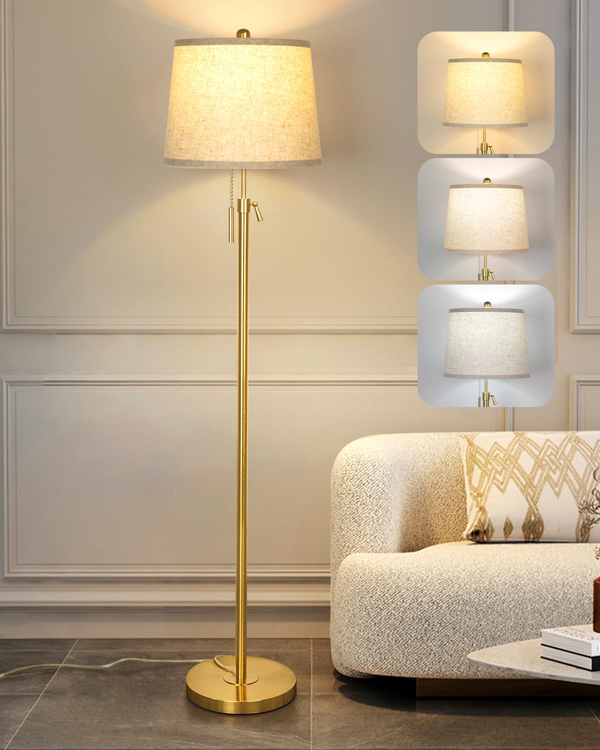 JUNNAI Gold Floor Lamp for Living Room, Tall Standing Lamp 55-65" Adjustable Modern Brass Floor Lamps for Bedroom Reading Office Kids 3 Color Lights Corner Night Stand (9W LED Bulb, White Shade)
