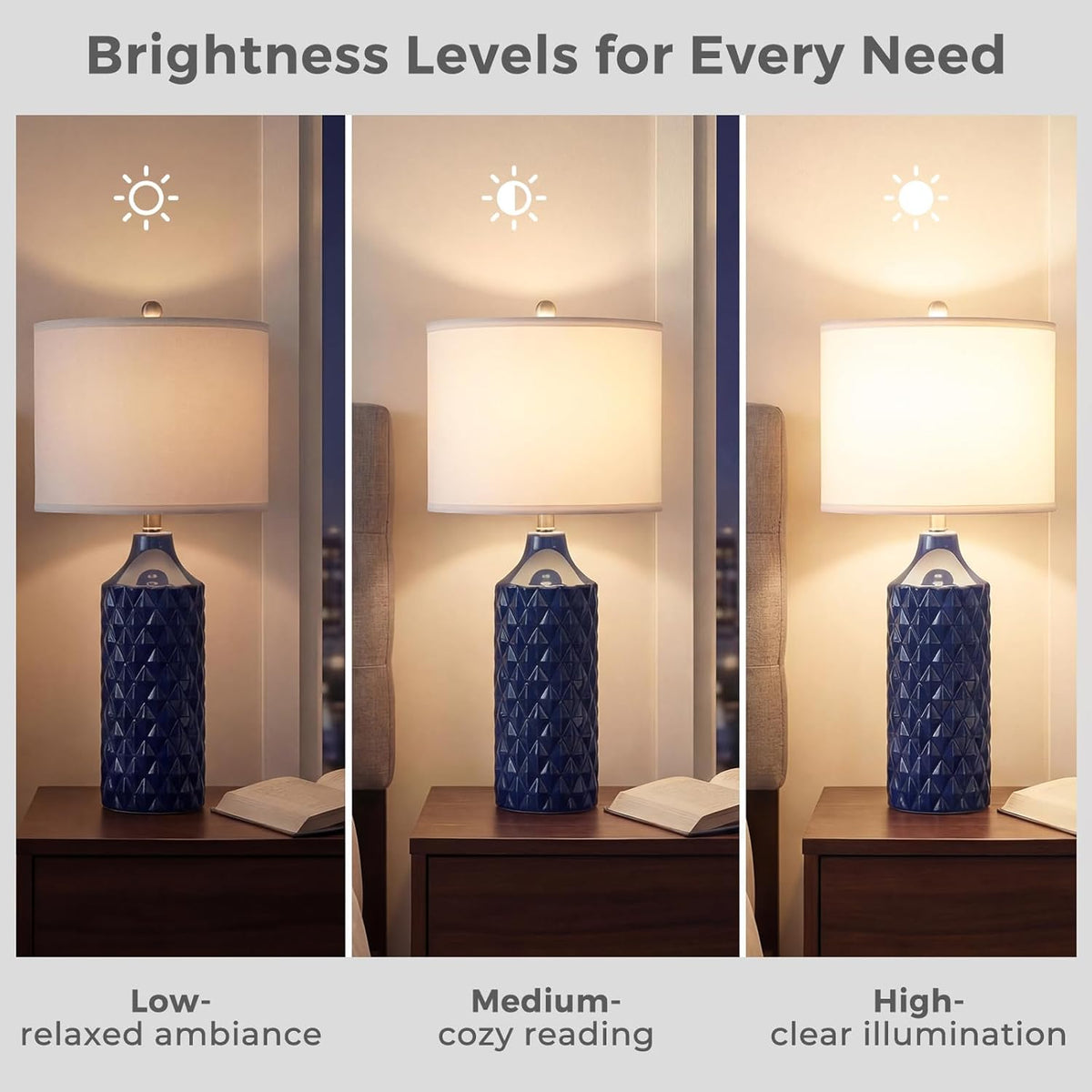 Qingmiao Modern Ceramic Table Lamp, Set of 2 - Navy Blue with Diamond Protrusions Texture, 25'' Nightstand Lamp for Bedroom Living Room, 3-Way Dimmable Included
