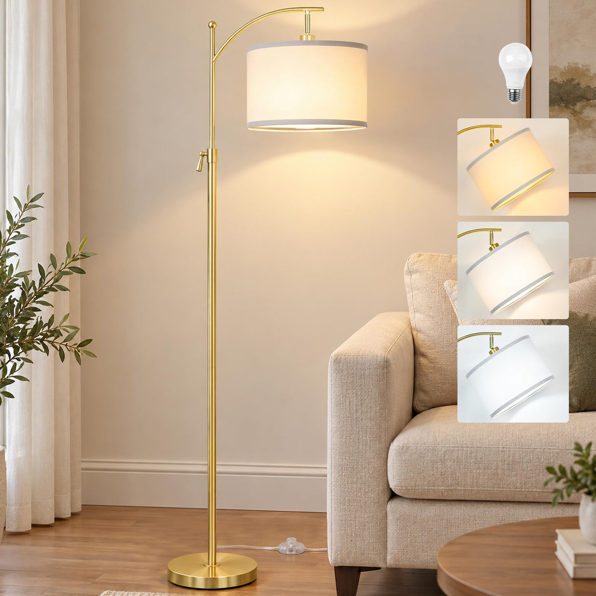 JUNNAI Gold Floor Lamp for Living Room, Tall Standing Lamp 55-65" Adjustable Modern Brass Floor Lamps for Bedroom Reading Office Kids 3 Color Lights Corner Night Stand (9W LED Bulb, White Shade)