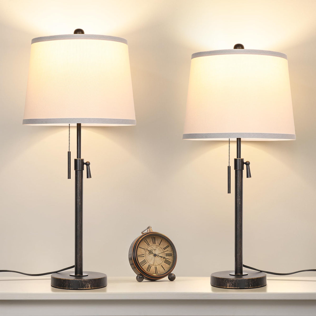 JUNNAI 2 Pack 22"-30" Adjustable Height Table Lamps Set, Modern Gold Table Lamps with White Shade 3 Colour Temperature Pull Chain Tall Lamps for Living Room Bedroom Bedside End Table Nightstand