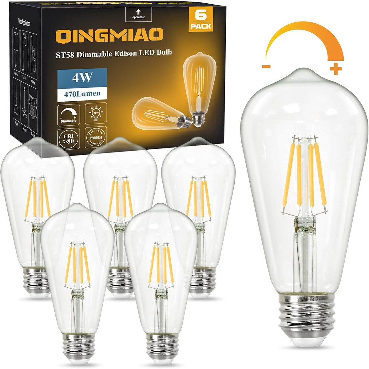 Qingmiao Vintage LED Edison Bulbs, ST58 Dimmable 4W E26 LED Bulb, Pack of 6