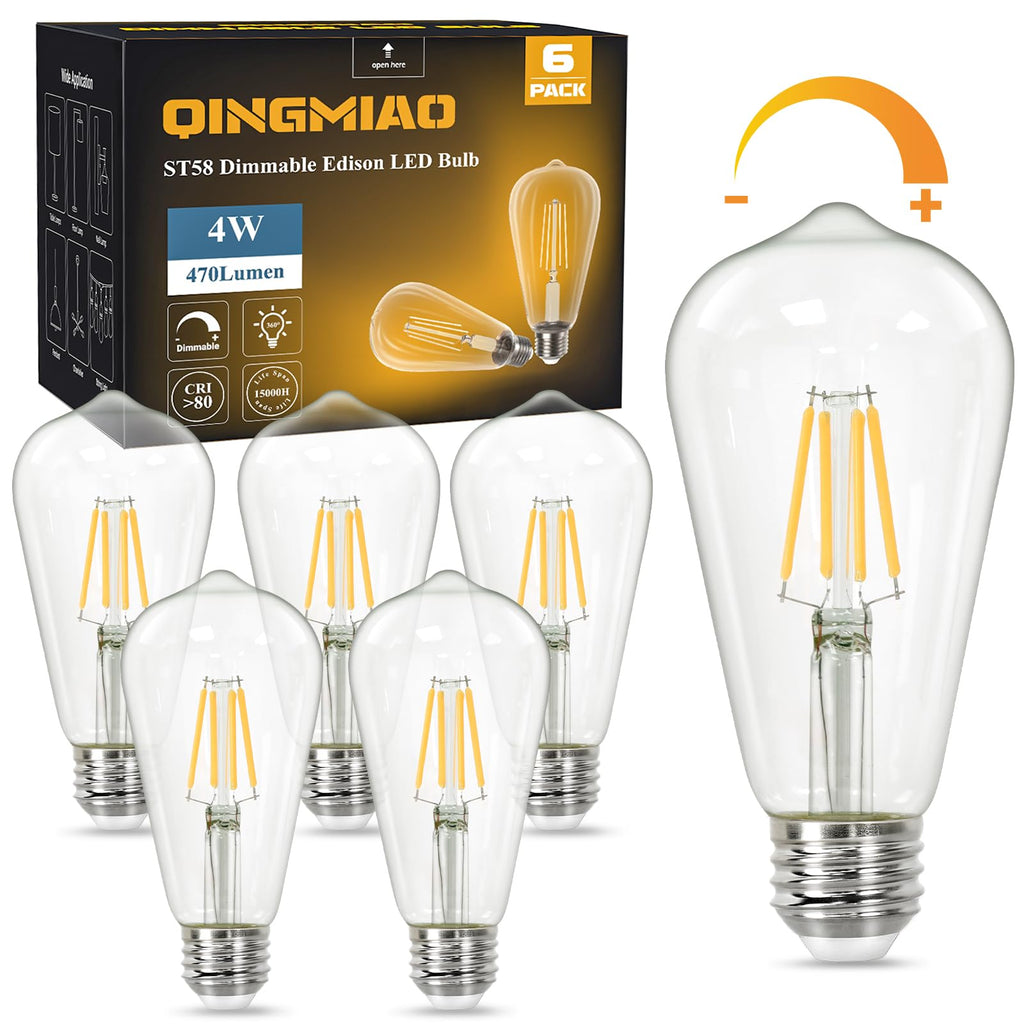 Qingmiao Vintage LED Edison Bulbs, ST58 Dimmable 4W E26 LED Bulb, Pack of 6