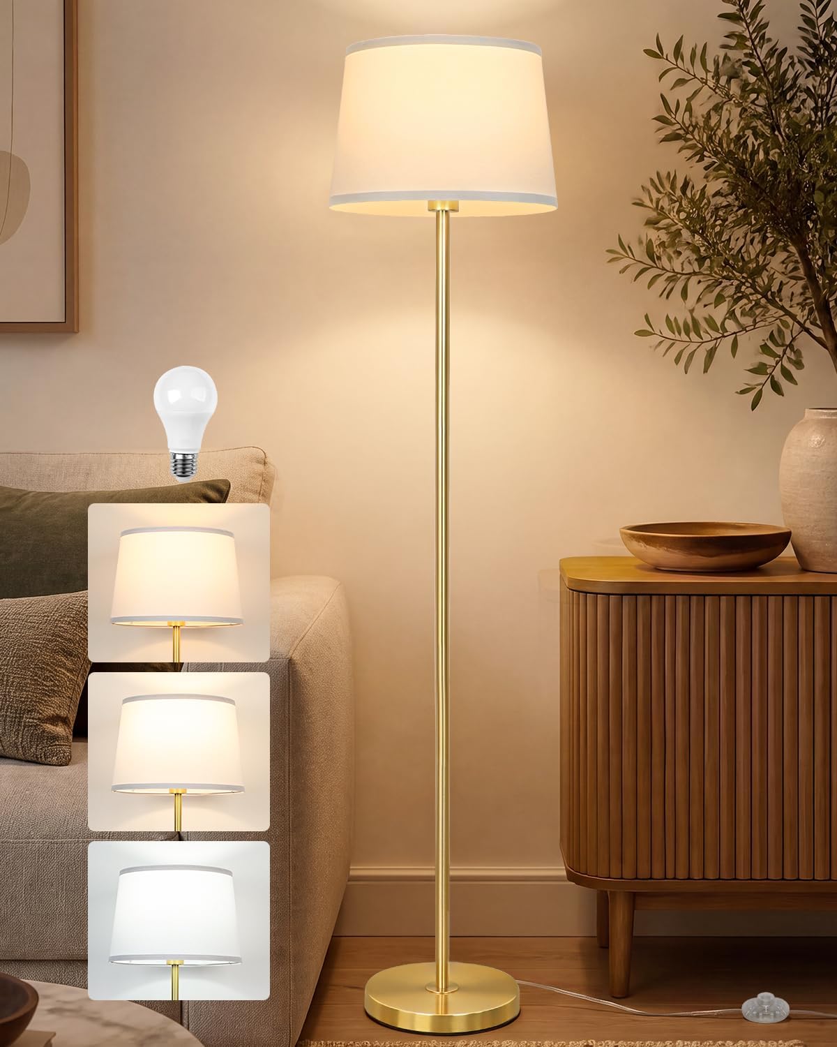 JUNNAI Gold Floor Lamp for Living Room, 61.8" Tall Standing Lamp, Modern Brass Floor Lamp for Bedroom Reading Office Classroom Corner, 3-Color Temperatures, 9W LED Bulb Included