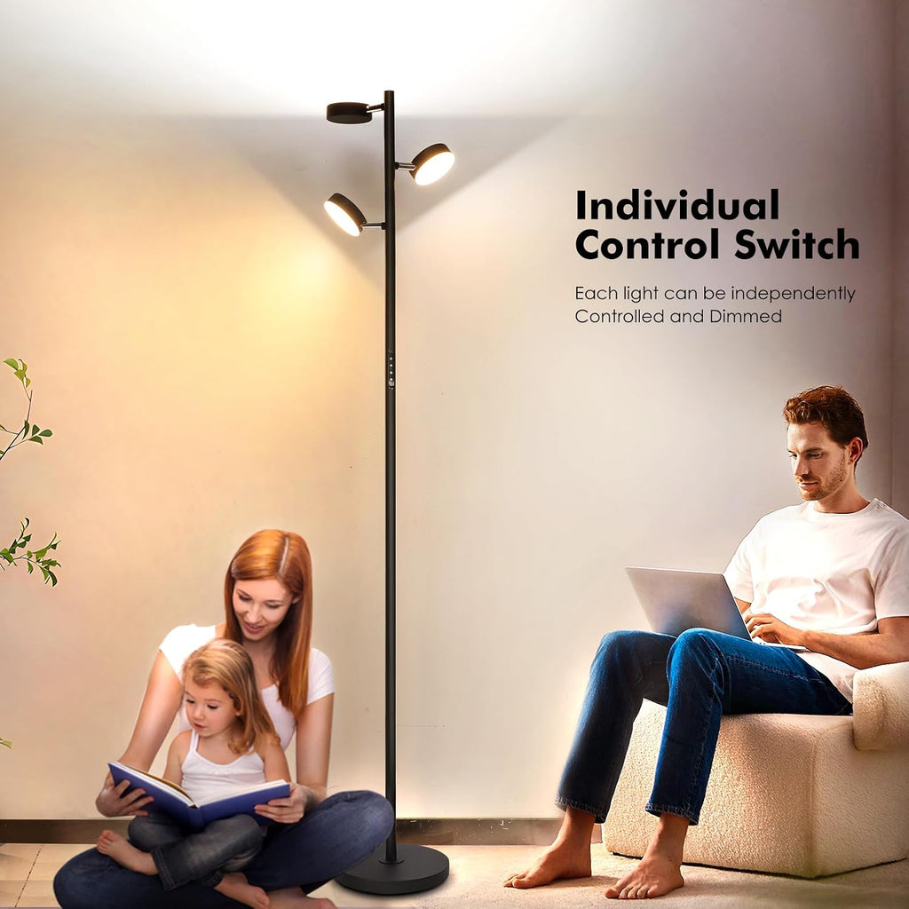 JUNNAI LED Tree Floor Lamp with Remote & Touch Control, 3 Heads Adjustable Dimmable Modern Floor Lamps with Timer, 4 Color Temperatures, Tall Standing Lamp for Living Room, Bedroom, Office, Black