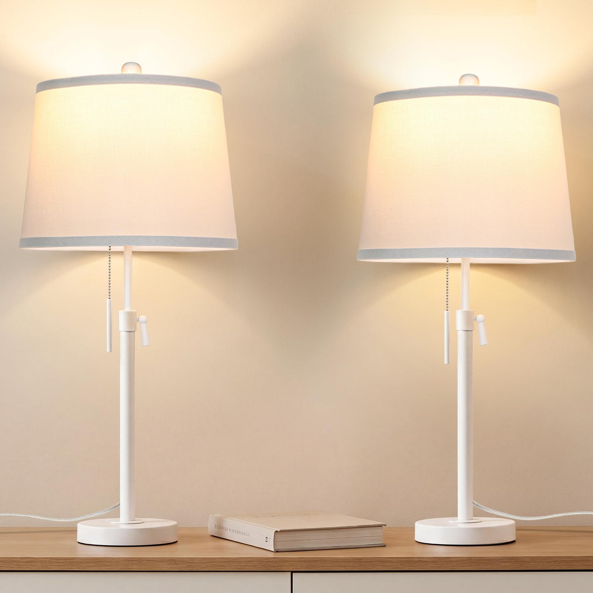 JUNNAI 2 Pack 22"-30" Adjustable Height Table Lamps Set, Modern Gold Table Lamps with White Shade 3 Colour Temperature Pull Chain Tall Lamps for Living Room Bedroom Bedside End Table Nightstand