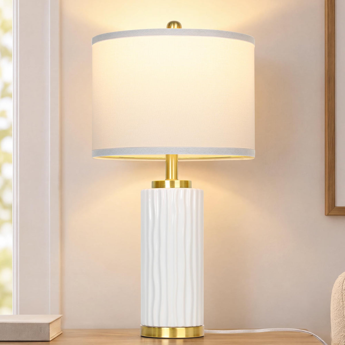 JUNNAI 24.5" White Ceramic Table Lamp 3-Way Dimmable Nightstand with White Linen Shade Bedside Lamp for Bedrooms & Living Room Office Reading(Bulb Included)