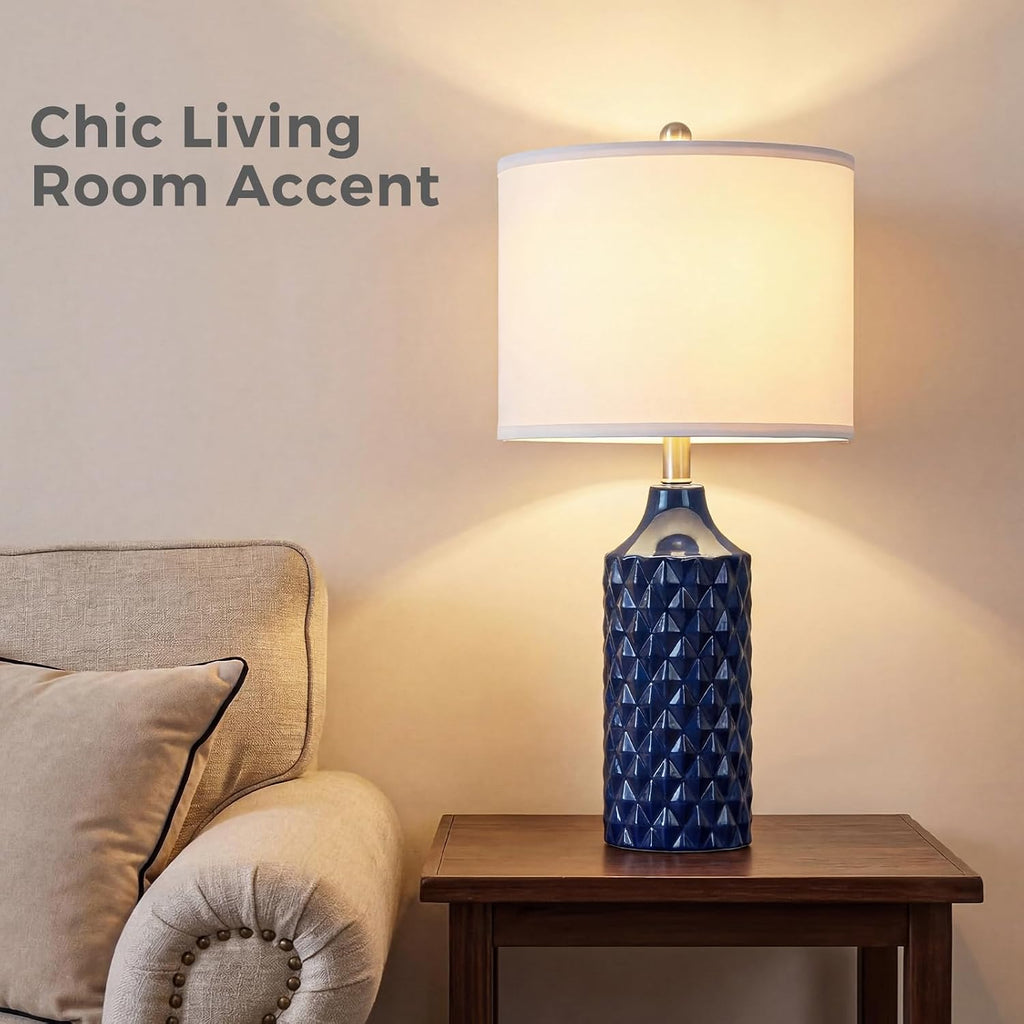 Qingmiao Modern Ceramic Table Lamp, Set of 2 - Navy Blue with Diamond Protrusions Texture, 25'' Nightstand Lamp for Bedroom Living Room, 3-Way Dimmable Included
