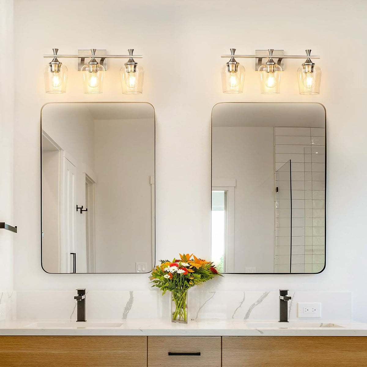 Silver Bathroom Vanity Light, 3-Light Wall Sconce with Glass Shade