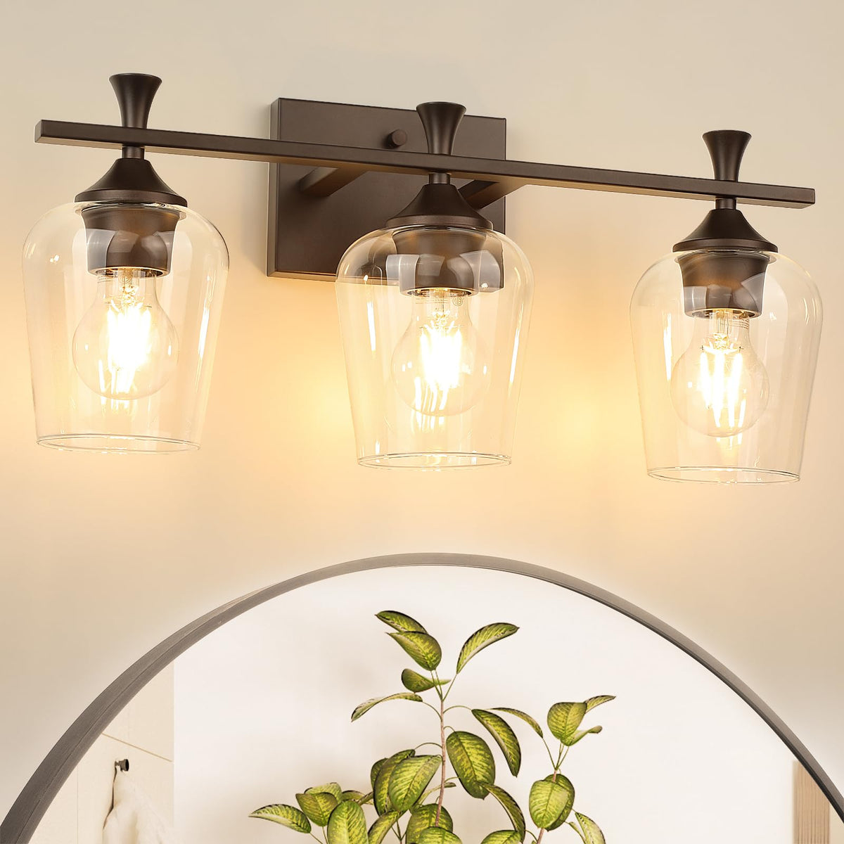 Silver Bathroom Vanity Light, 3-Light Wall Sconce with Glass Shade