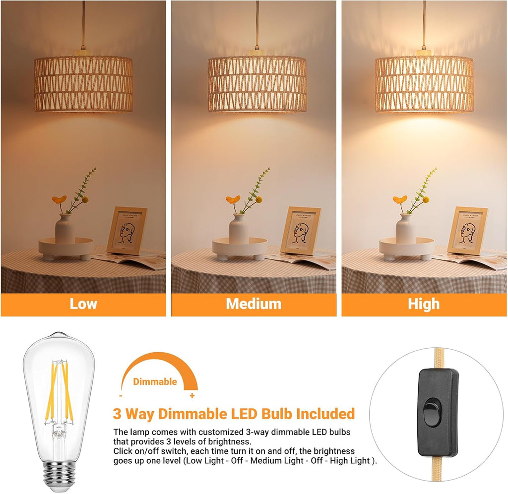 Qingmiao Boho Plug in Pendant Light, Handwoven Shade, 3 Way Bulb, 14ft Cord