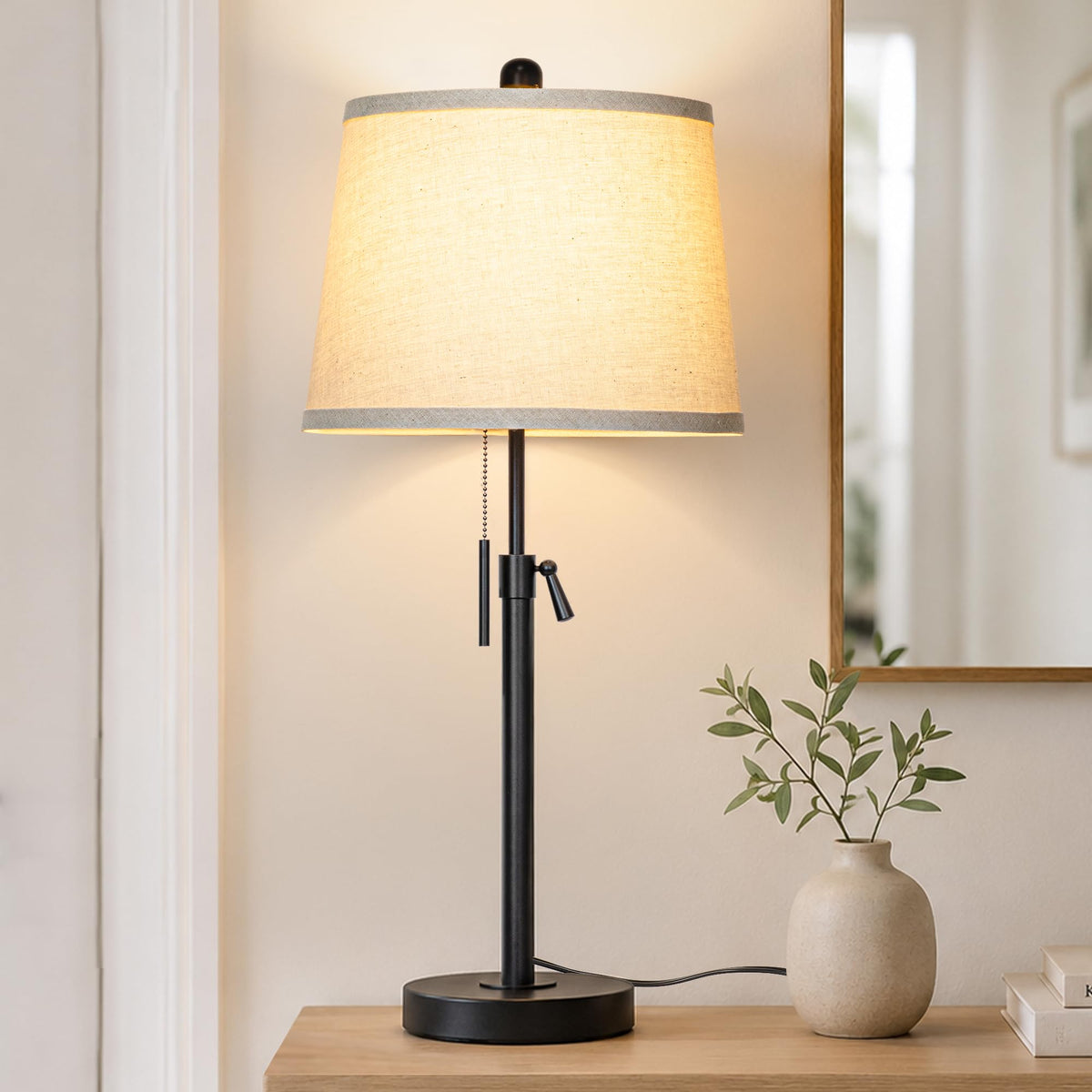 JUNNAI 2 Pack 22"-30" Adjustable Height Table Lamps Set, Modern Gold Table Lamps with White Shade 3 Colour Temperature Pull Chain Tall Lamps for Living Room Bedroom Bedside End Table Nightstand