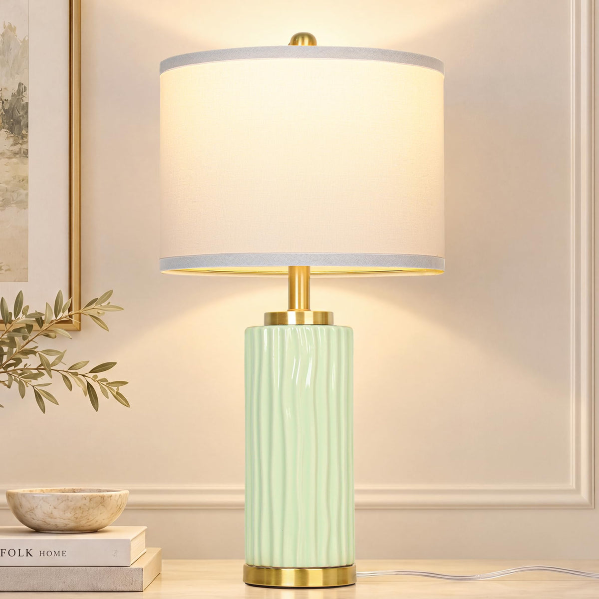 JUNNAI 24.5" White Ceramic Table Lamp 3-Way Dimmable Nightstand with White Linen Shade Bedside Lamp for Bedrooms & Living Room Office Reading(Bulb Included)