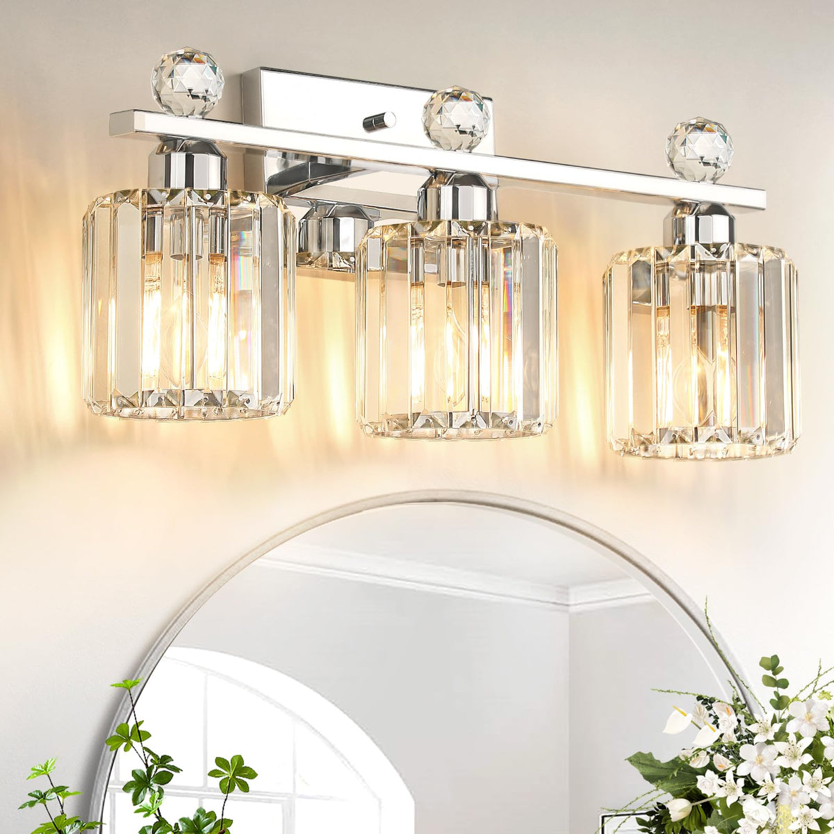 3-Light Gold Bathroom Light Fixtures,Modern Bathroom Vanity Lights Fixture with Clear Crystal Glass Shade, Modern Crystal 3 Lights Wall Sconce for Mirror Bedroom Living Room