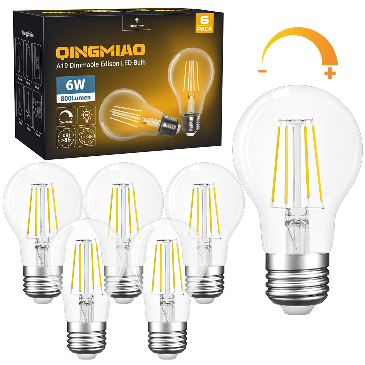A19 E26 Base Dimmable Edison LED Bulb, 4W(40 Watt Equivalent) Stepless Dimming Light Bulbs 470lm, 3000K Soft Warm White, Vintage Clear Glass LED Filament Bulb for Home, Wall Sconce, Chandelier, 6 Pack