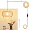 Qingmiao Boho Plug in Pendant Light, Handwoven Shade, 3 Way Bulb, 14ft Cord