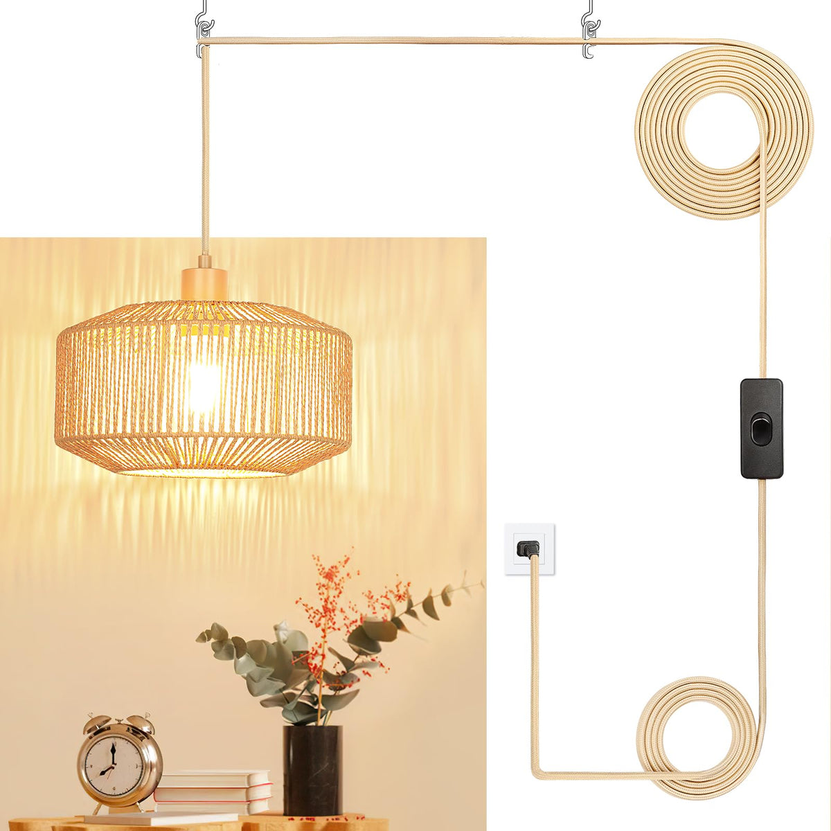 Qingmiao Boho Plug in Pendant Light, Handwoven Shade, 3 Way Bulb, 14ft Cord