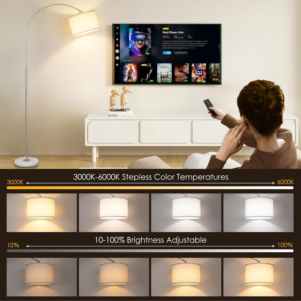 Qingmiao Dimmable Arc Floor Lamp, Remote & Foot Switch, Adjustable Shade