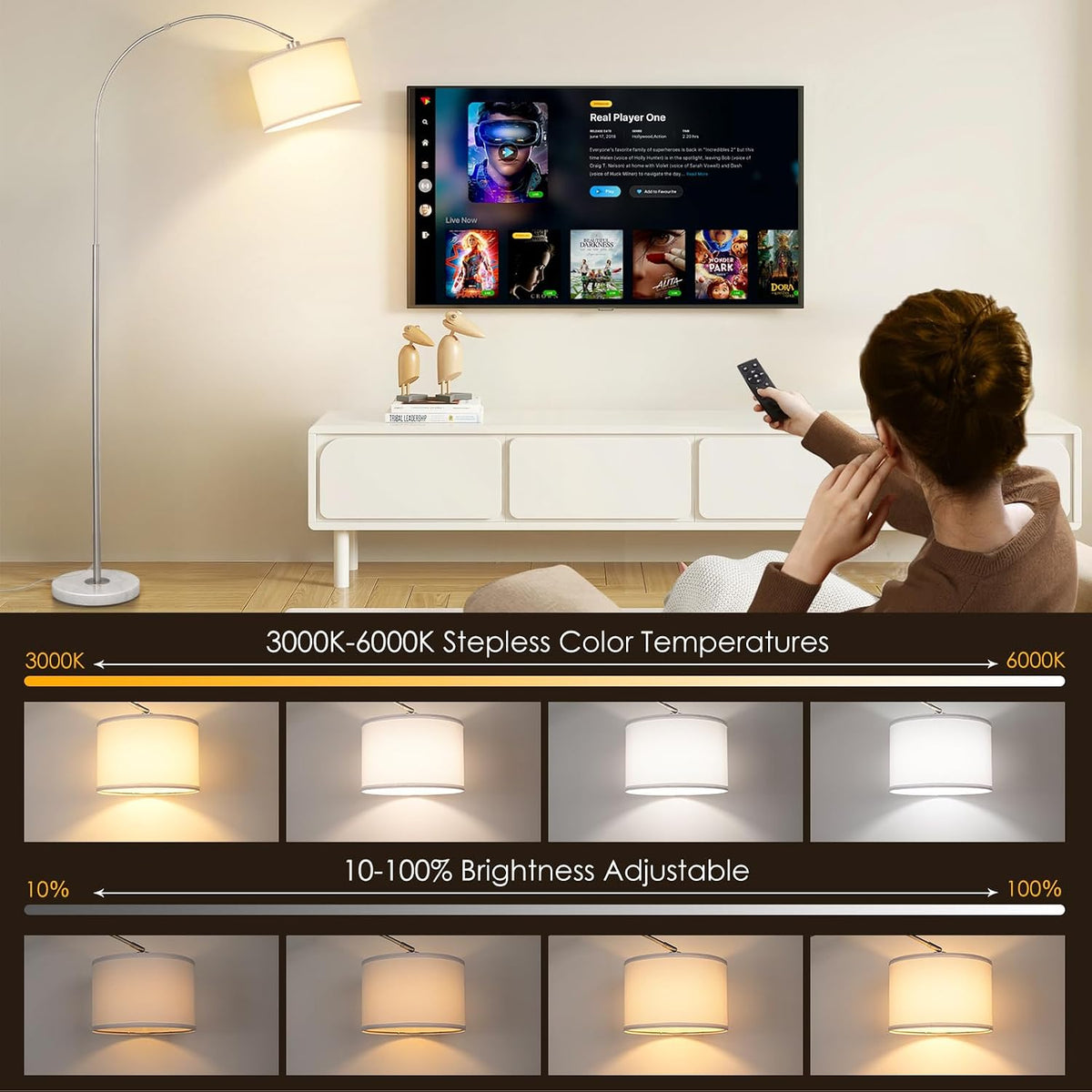 Qingmiao Dimmable Arc Floor Lamp, Remote & Foot Switch, Adjustable Shade