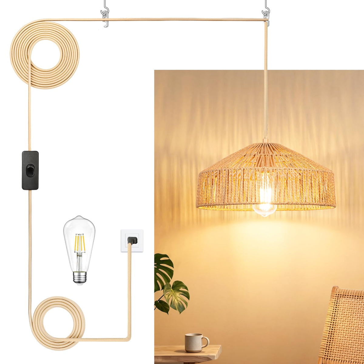 Qingmiao Boho Plug in Pendant Light, Handwoven Shade, 3 Way Bulb, 14ft Cord