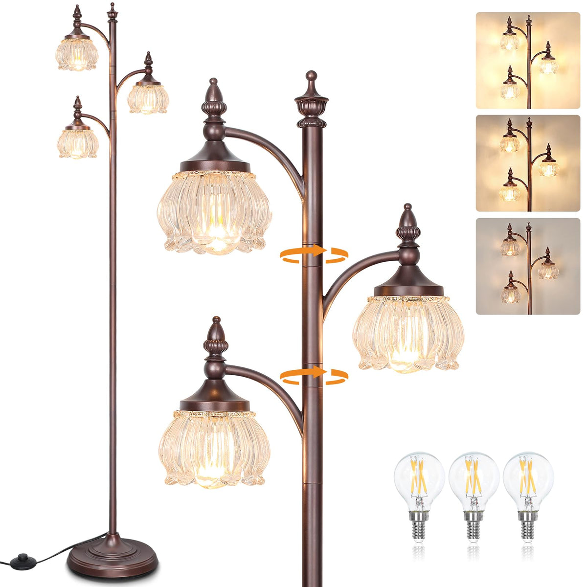 JUNNAI Gold Floor Lamp, Dimmable Tree Floor Lamps for Living Room Brass Tall Standing Lamp with 3 Rotatable Lights Glass Shade 66.5'' Modern Corner Lamp for Bedroom Office(3LED Bulbs Included)