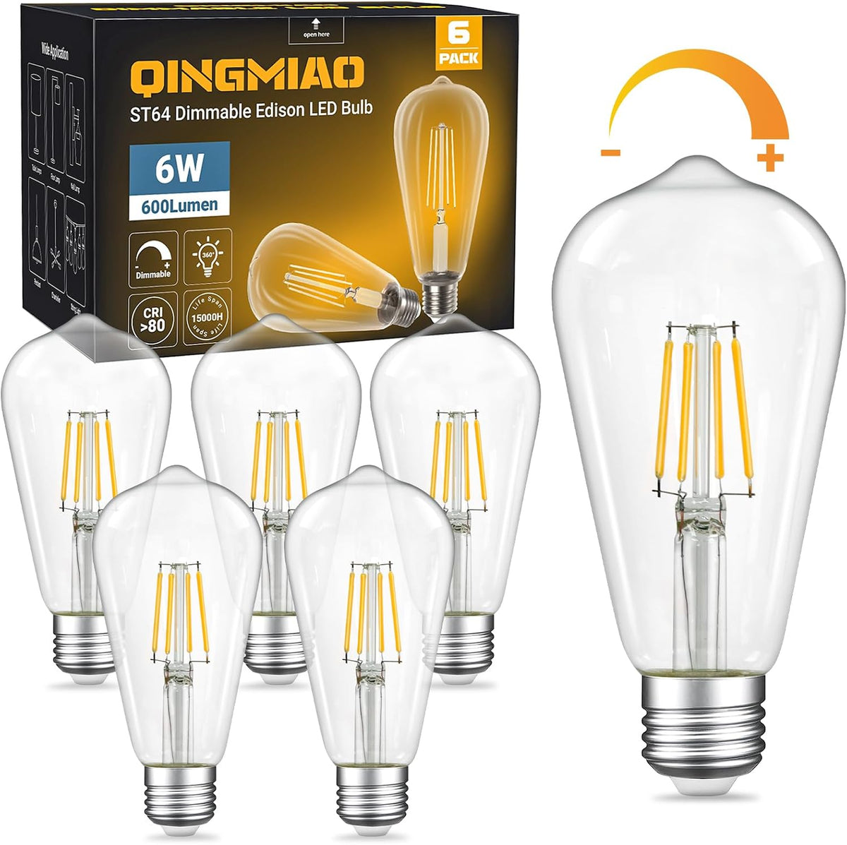 Qingmiao Dimmable ST64 LED Edison Bulbs, 6W 3000K Soft White, E26, 6 Pack