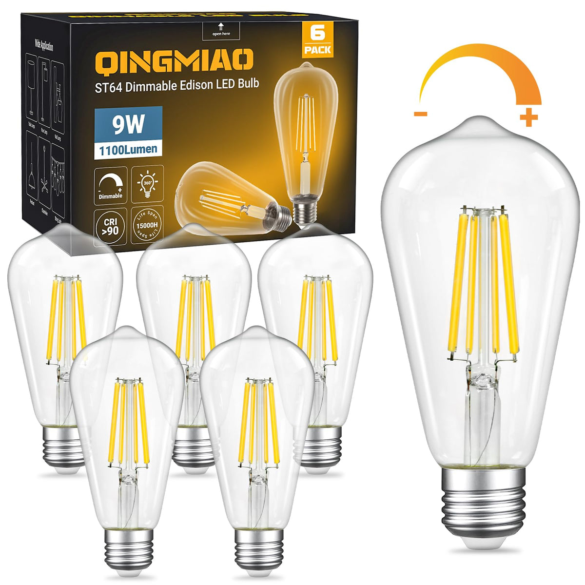 Qingmiao Dimmable ST64 LED Edison Bulbs, 6W 3000K Soft White, E26, 6 Pack