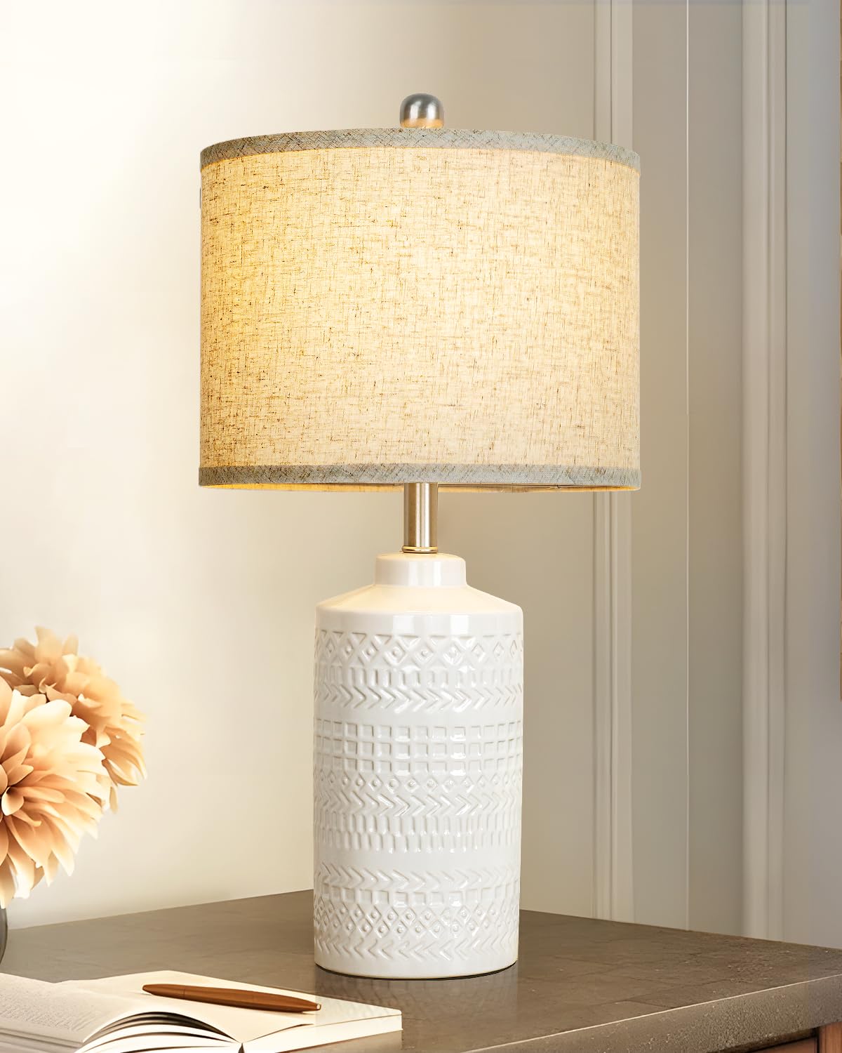 JUNNAI 24.5" White Ceramic Table Lamp 3-Way Dimmable Nightstand with White Linen Shade Bedside Lamp for Bedrooms & Living Room Office Reading(Bulb Included)