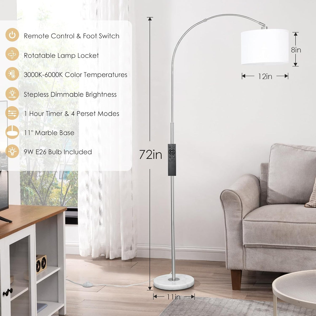 Qingmiao Dimmable Arc Floor Lamp, Remote & Foot Switch, Adjustable Shade