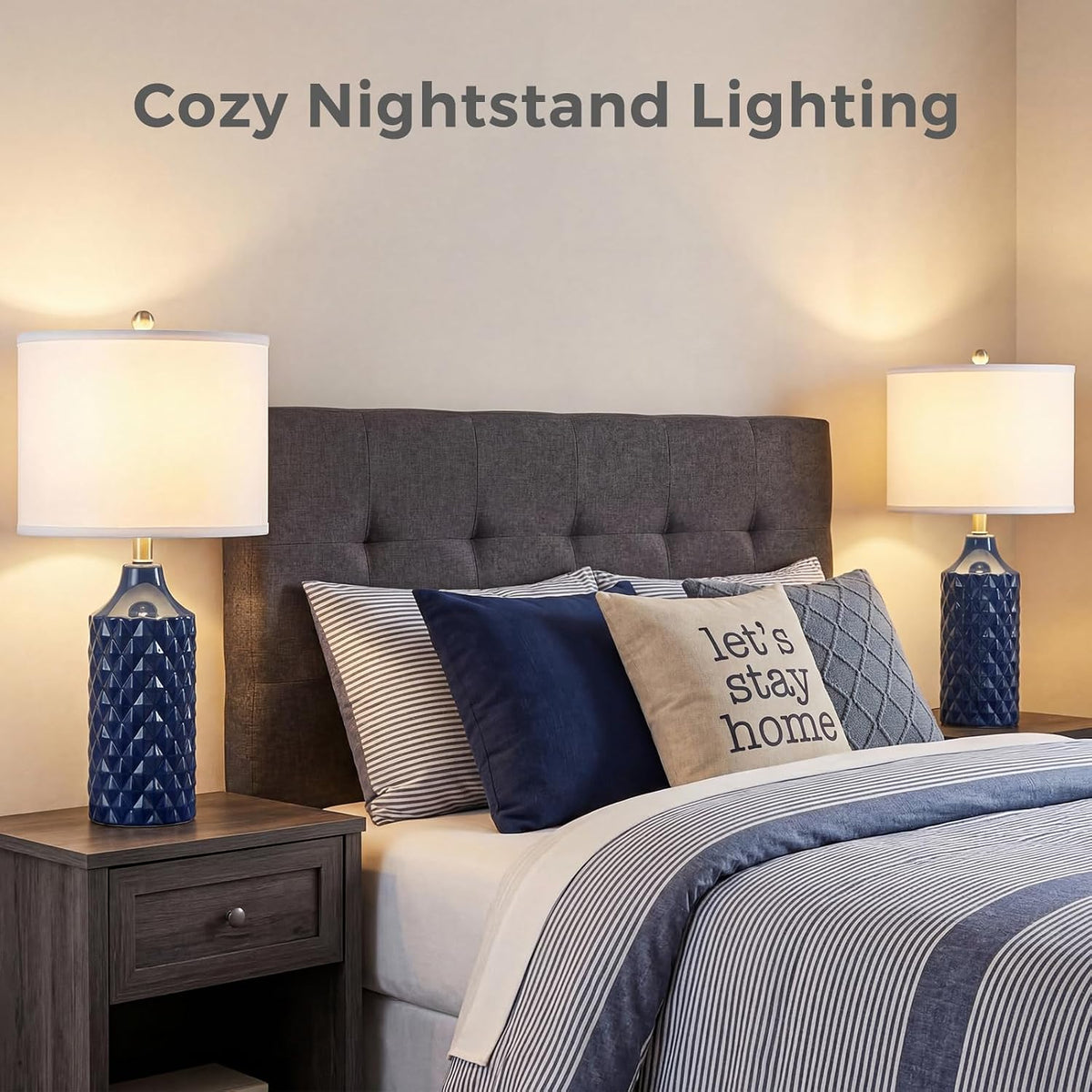Qingmiao Modern Ceramic Table Lamp, Set of 2 - Navy Blue with Diamond Protrusions Texture, 25'' Nightstand Lamp for Bedroom Living Room, 3-Way Dimmable Included