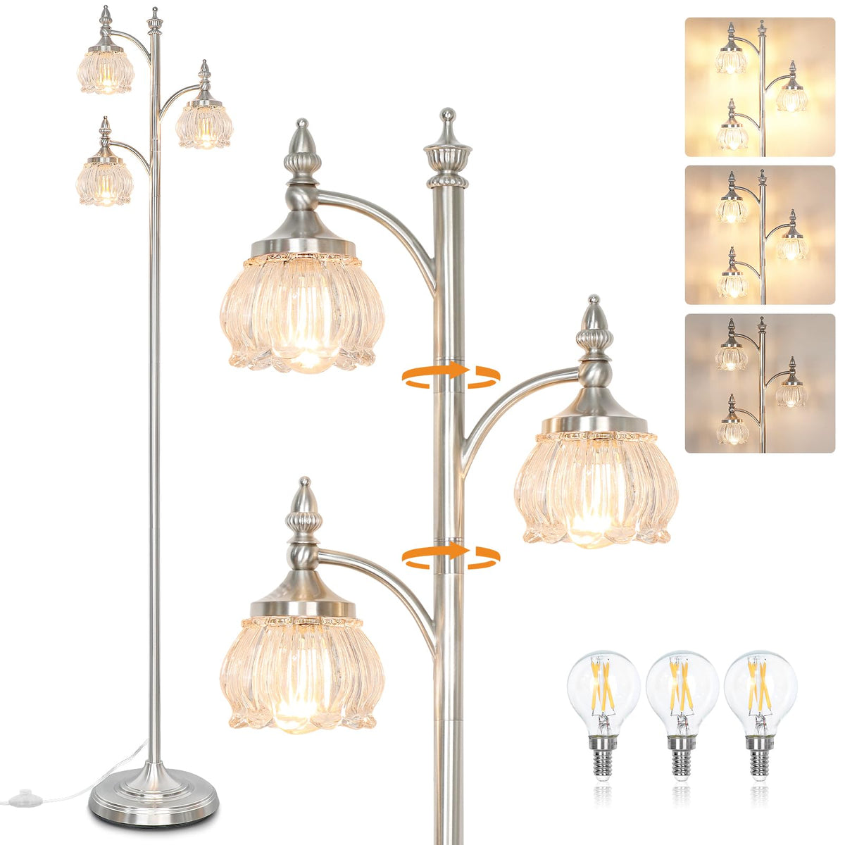 JUNNAI Gold Floor Lamp, Dimmable Tree Floor Lamps for Living Room Brass Tall Standing Lamp with 3 Rotatable Lights Glass Shade 66.5'' Modern Corner Lamp for Bedroom Office(3LED Bulbs Included)