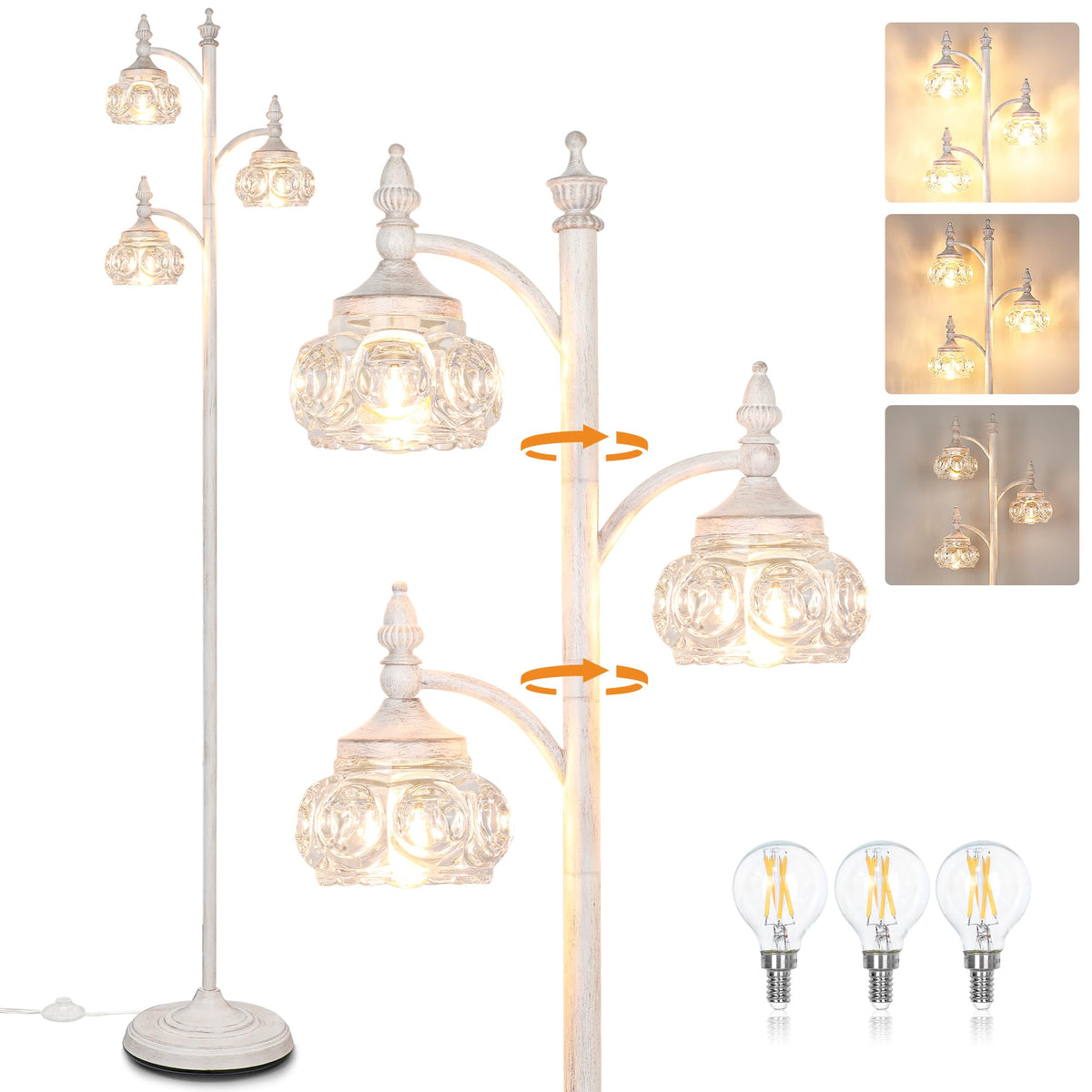 JUNNAI Gold Floor Lamp, Dimmable Tree Floor Lamps for Living Room Brass Tall Standing Lamp with 3 Rotatable Lights Glass Shade 66.5'' Modern Corner Lamp for Bedroom Office(3LED Bulbs Included)