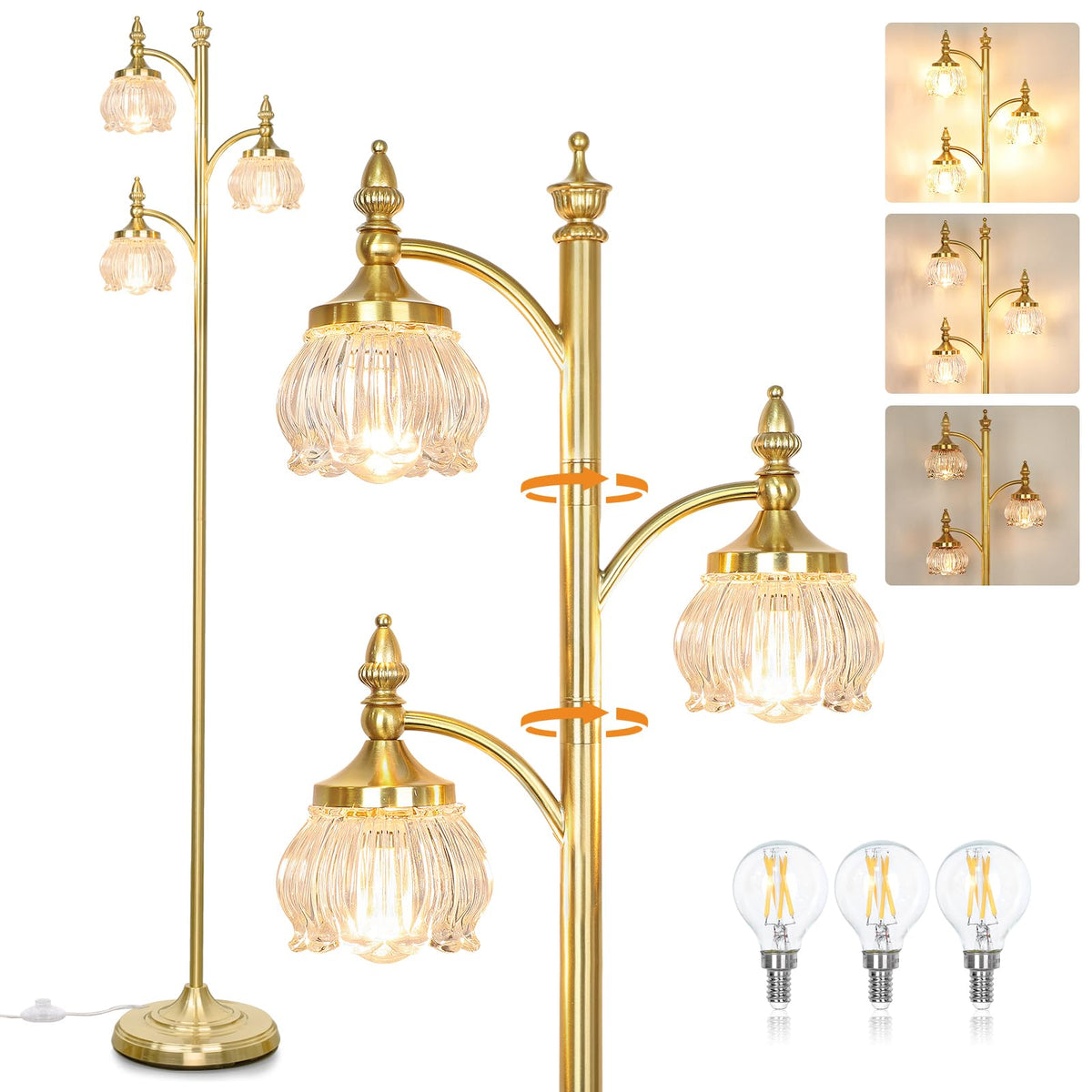 JUNNAI Gold Floor Lamp, Dimmable Tree Floor Lamps for Living Room Brass Tall Standing Lamp with 3 Rotatable Lights Glass Shade 66.5'' Modern Corner Lamp for Bedroom Office(3LED Bulbs Included)