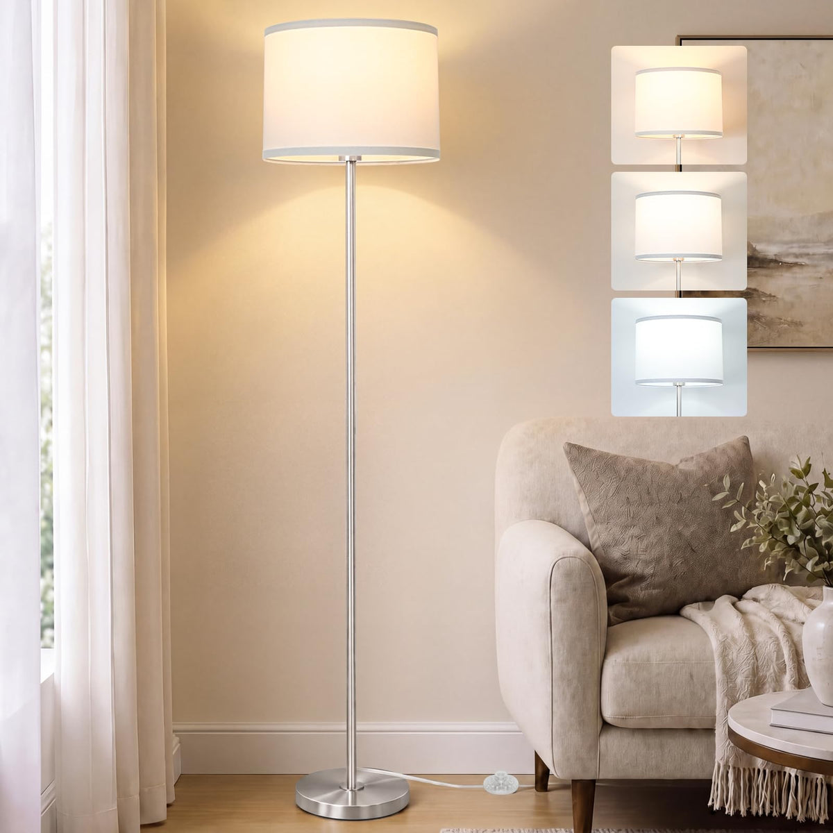 Qingmiao Gold Floor Lamp for Living Room, Anti-Tip Base, 3 Way Bulb