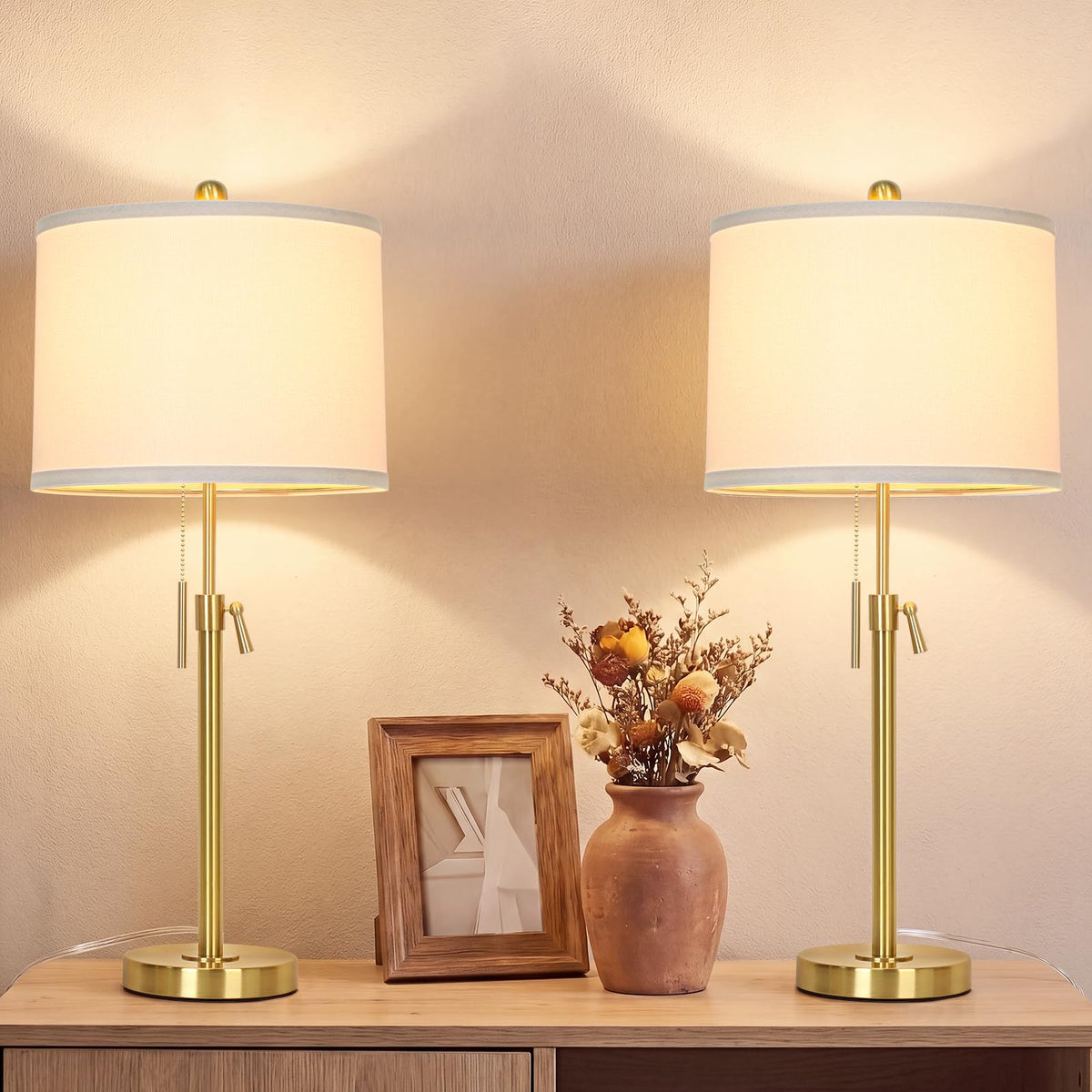 Qingmiao Gold Table Lamps Set of 2, 22" to 30" Adjustable Nightstand Lamps for Bedroom, Dimmable End Table Lamps for Living Room Console Entry Farmhouse Home Decor, New House Warming Gifts