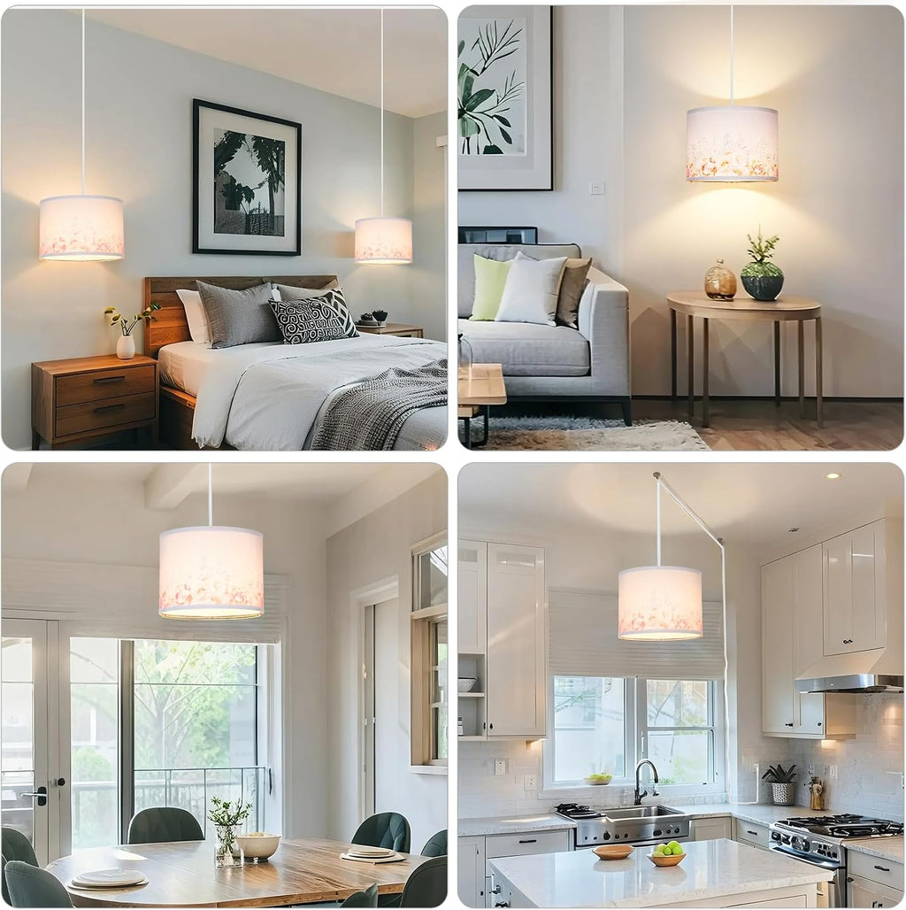 Qingmiao Boho Plug in Pendant Light, Beige Shade, 3 Way Bulb, 14ft Cord