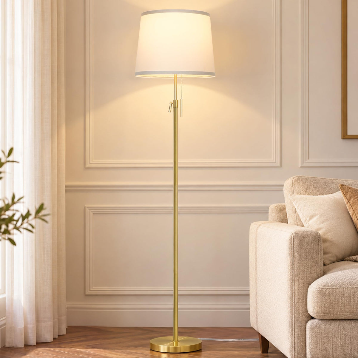 JUNNAI Gold Floor Lamp for Living Room, Tall Standing Lamp 55-65" Adjustable Modern Brass Floor Lamps for Bedroom Reading Office Kids 3 Color Lights Corner Night Stand (9W LED Bulb, White Shade)