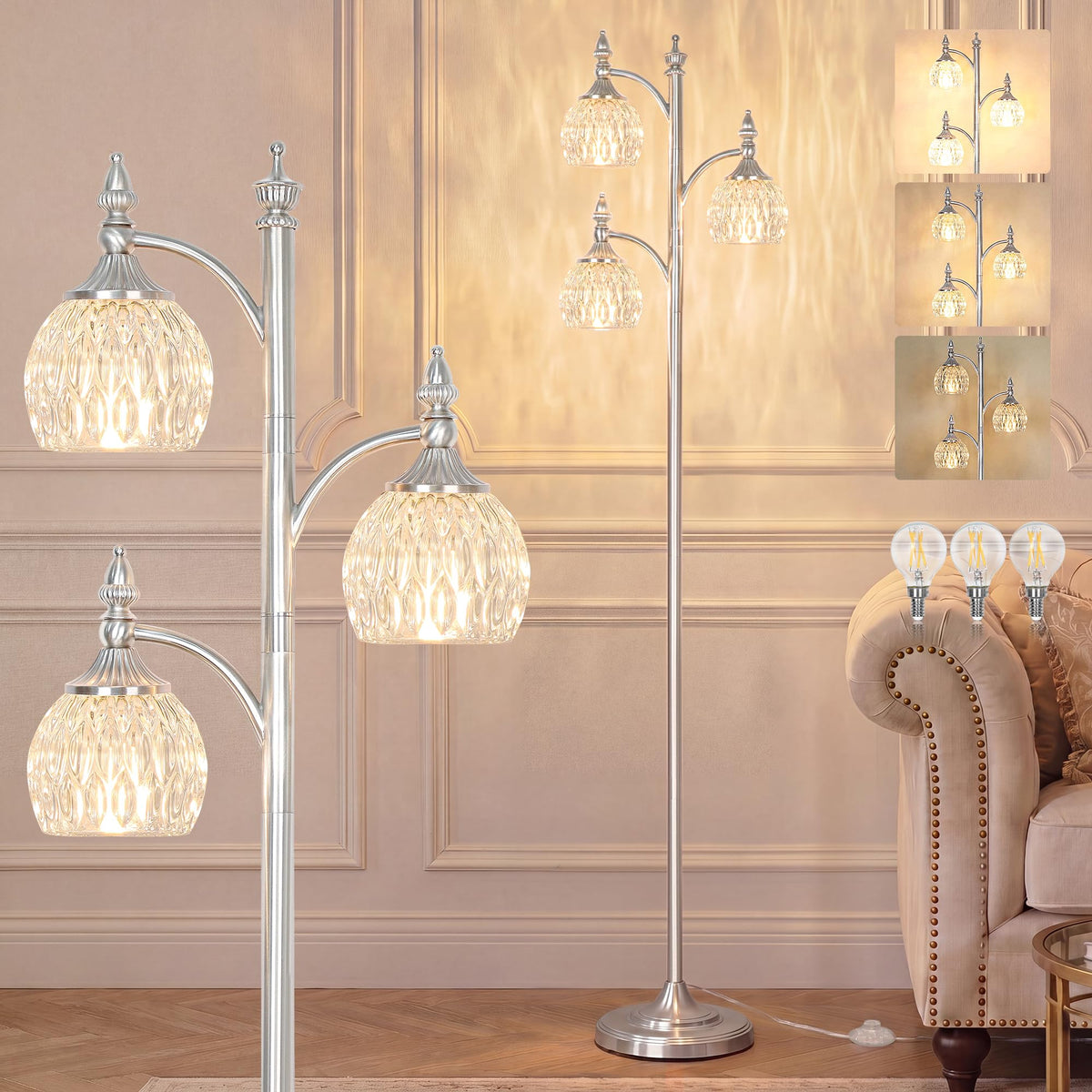 JUNNAI Gold Floor Lamp, Dimmable Tree Floor Lamps for Living Room Brass Tall Standing Lamp with 3 Rotatable Lights Glass Shade 66.5'' Modern Corner Lamp for Bedroom Office(3LED Bulbs Included)