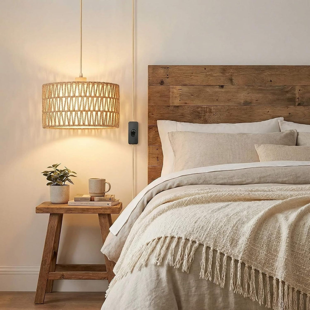Qingmiao Boho Plug in Pendant Light, Handwoven Shade, 3 Way Bulb, 14ft Cord