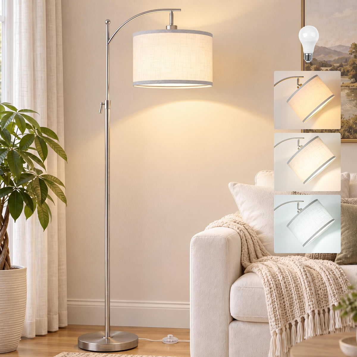 JUNNAI Gold Floor Lamp for Living Room, Tall Standing Lamp 55-65" Adjustable Modern Brass Floor Lamps for Bedroom Reading Office Kids 3 Color Lights Corner Night Stand (9W LED Bulb, White Shade)