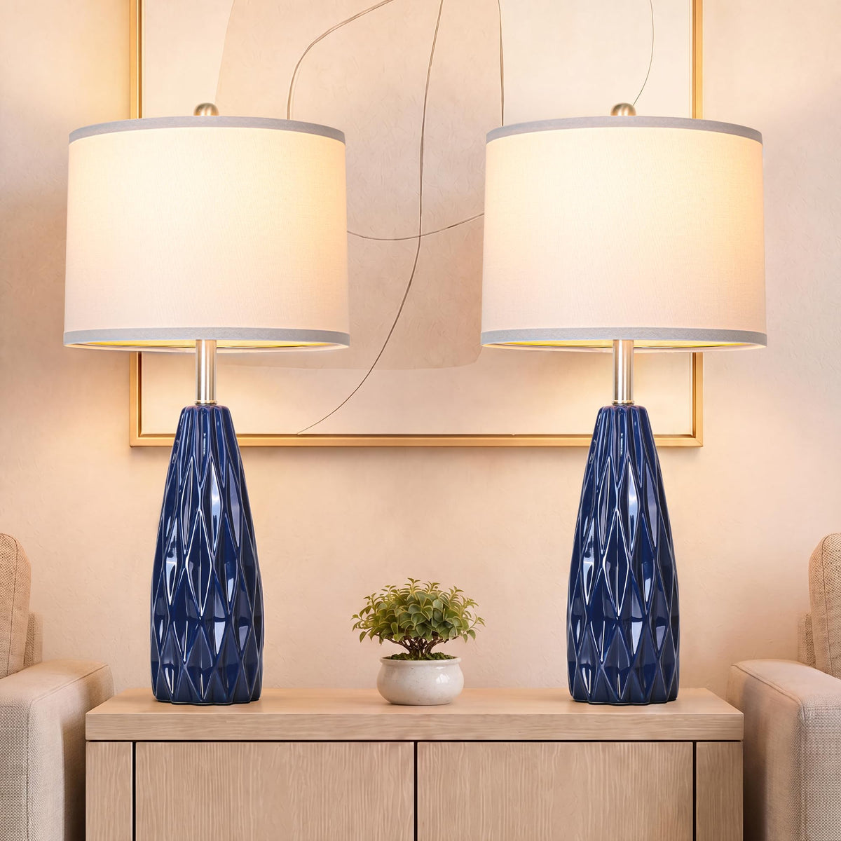 25'' Table Lamp Navy Blue Table Lamps Modern Ceramic Lamps for Night Stand - Dimmable Bedside Lamps for Nightstand, Bedroom Lamp for Living Room Desk End Table Office Guest Room