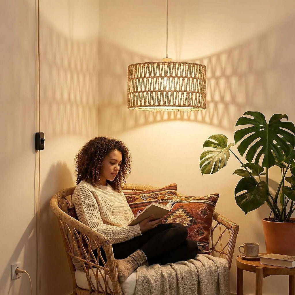 Qingmiao Boho Plug in Pendant Light, Handwoven Shade, 3 Way Bulb, 14ft Cord