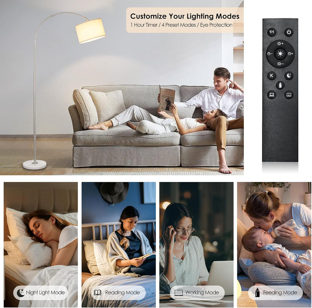 Qingmiao Dimmable Arc Floor Lamp, Remote & Foot Switch, Adjustable Shade