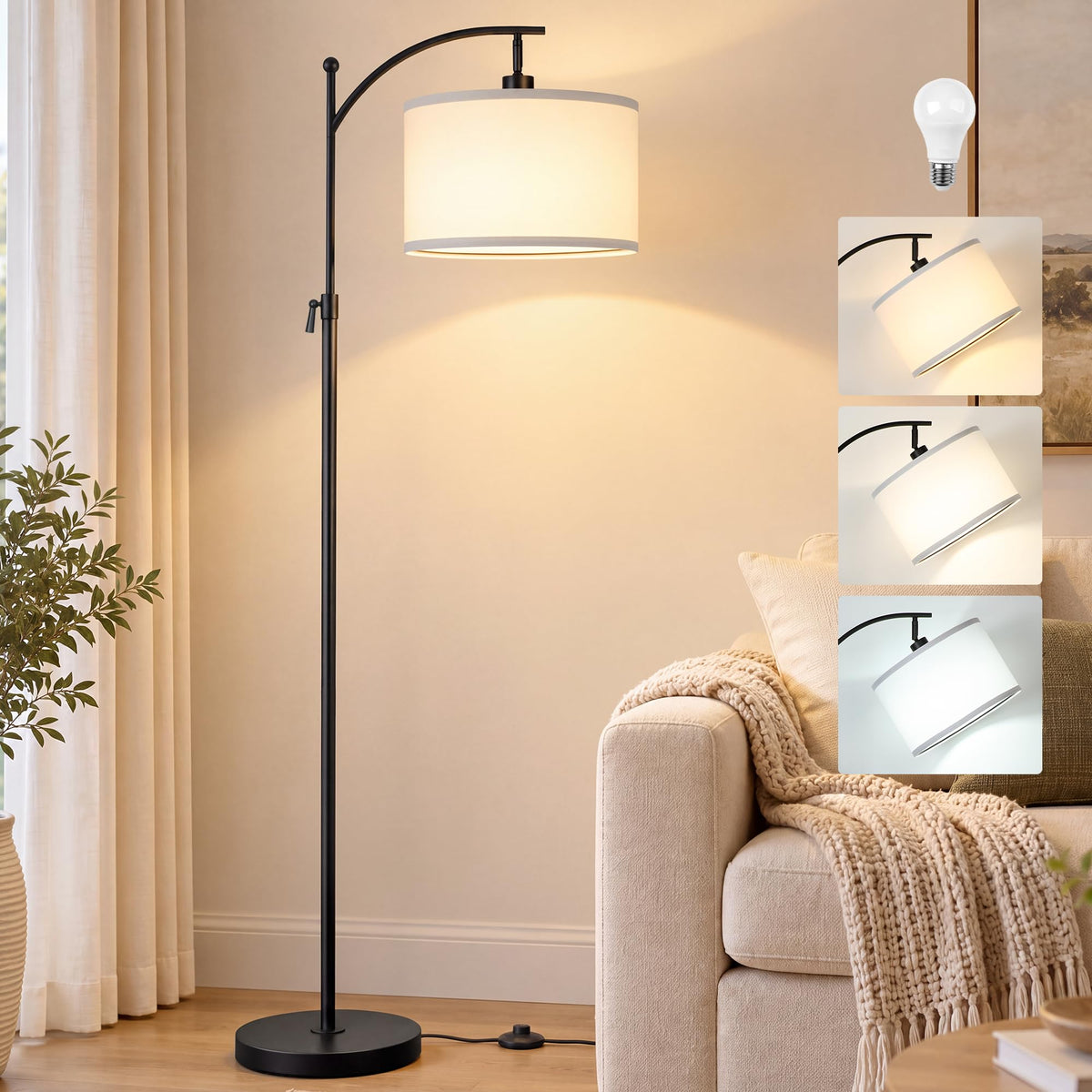 JUNNAI Gold Floor Lamp for Living Room, Tall Standing Lamp 55-65" Adjustable Modern Brass Floor Lamps for Bedroom Reading Office Kids 3 Color Lights Corner Night Stand (9W LED Bulb, White Shade)