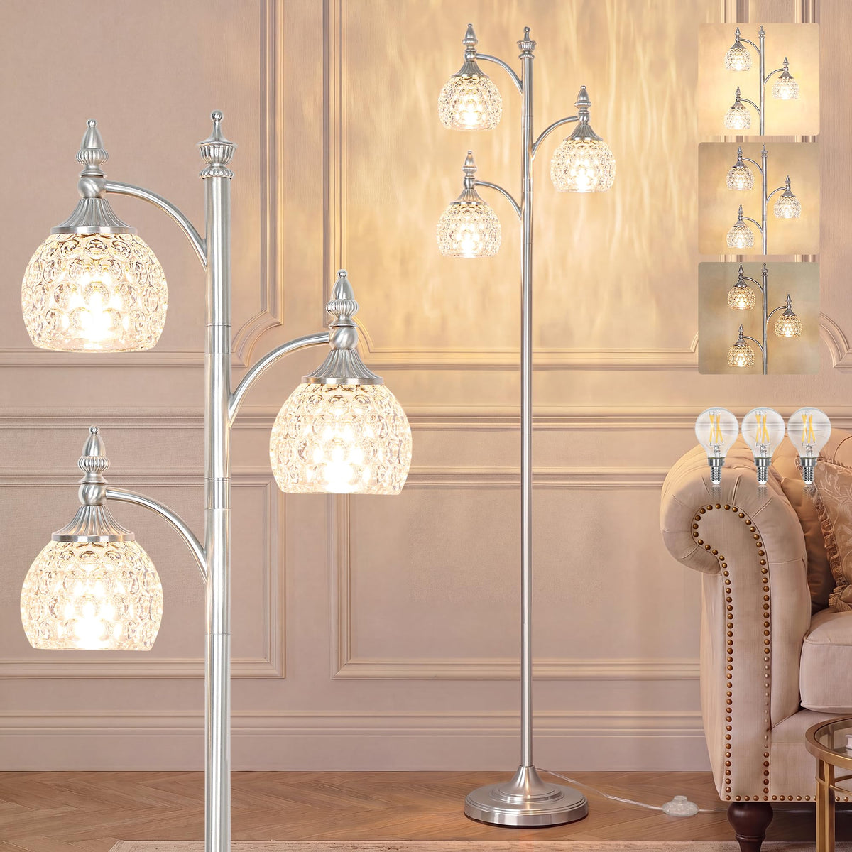 JUNNAI Gold Floor Lamp, Dimmable Tree Floor Lamps for Living Room Brass Tall Standing Lamp with 3 Rotatable Lights Glass Shade 66.5'' Modern Corner Lamp for Bedroom Office(3LED Bulbs Included)
