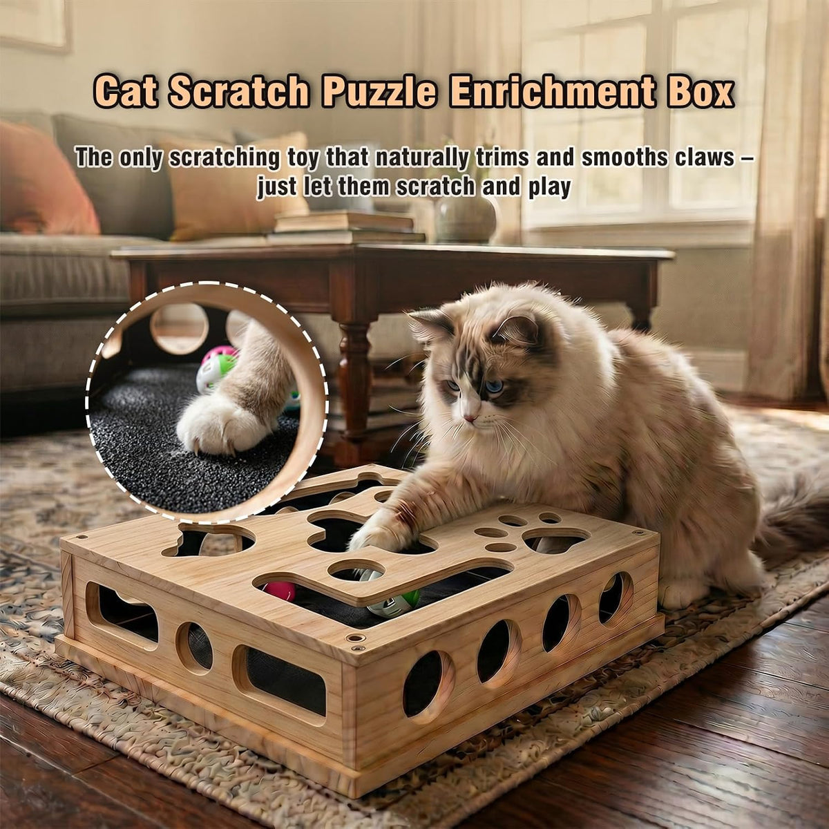 Cat Scratch Puzzle Enrichment Box, Nail File Scratcher & Cat Puzzle Toy