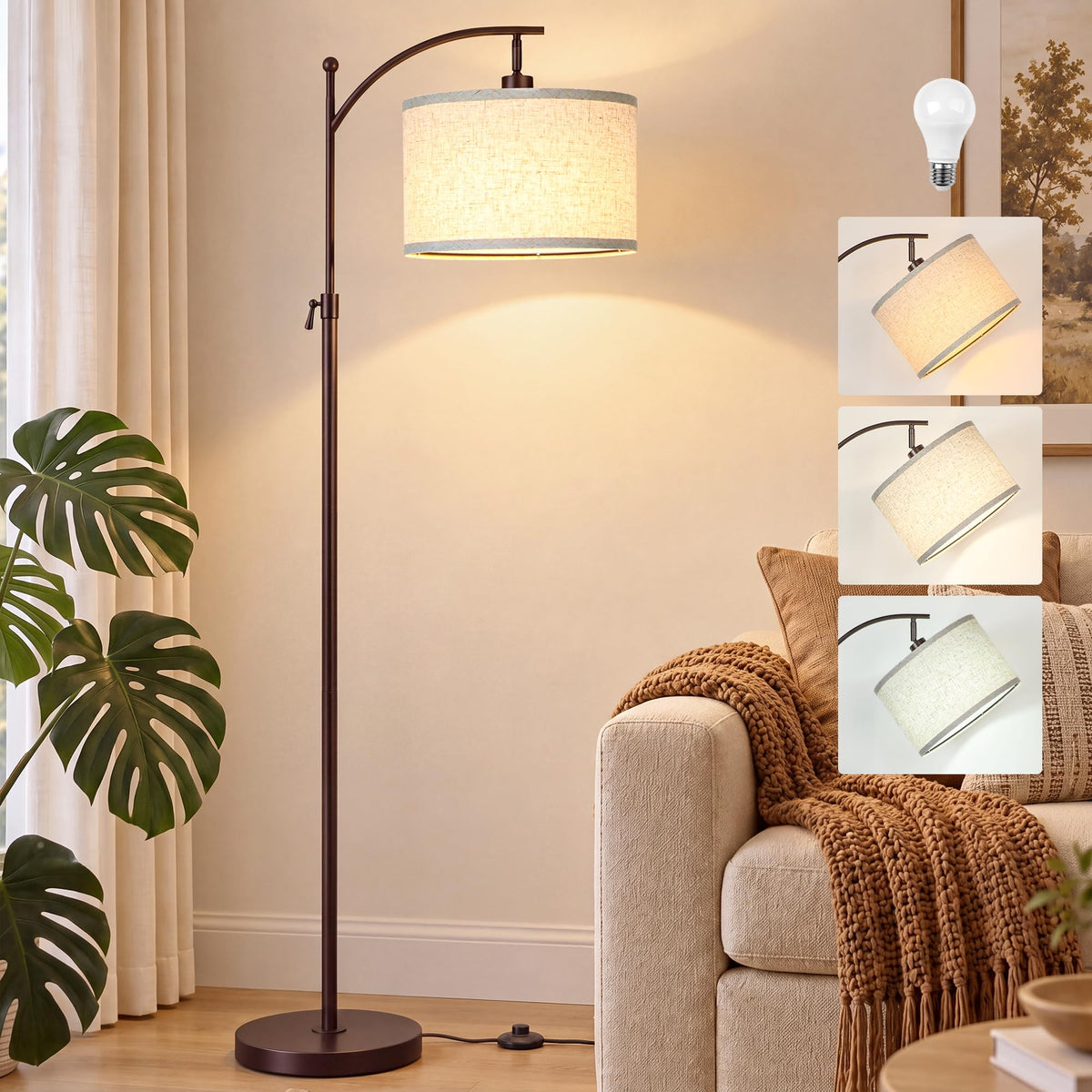 JUNNAI Gold Floor Lamp for Living Room, Tall Standing Lamp 55-65" Adjustable Modern Brass Floor Lamps for Bedroom Reading Office Kids 3 Color Lights Corner Night Stand (9W LED Bulb, White Shade)